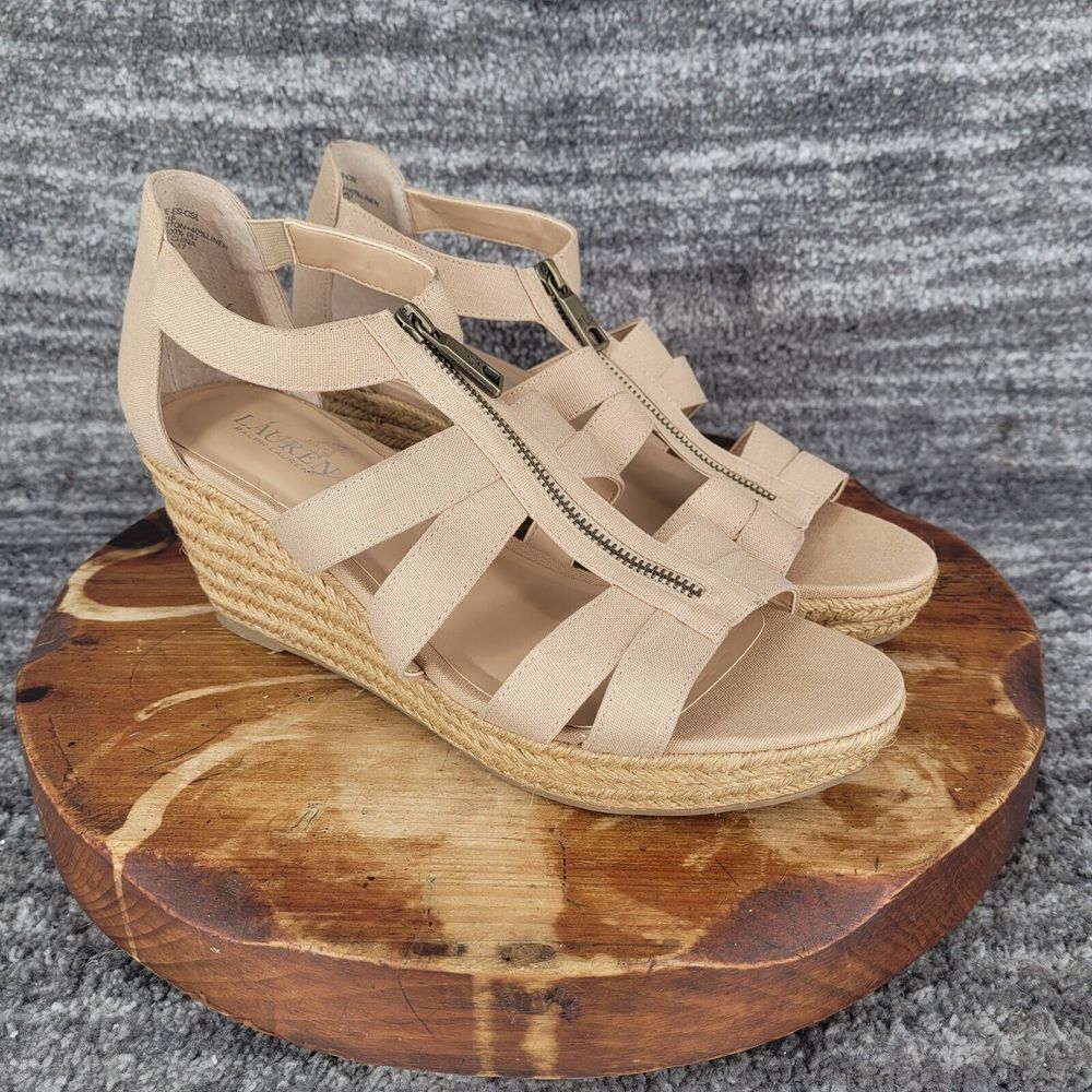 Lauren Ralph Lauren‎ Kelcie Espadrille Sandals Womens 11 Beige Canvas Open Toe